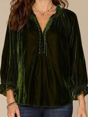 Democracy Dark Green Blouson Sleeve Velvet Top Petite Medium Long Sleeve